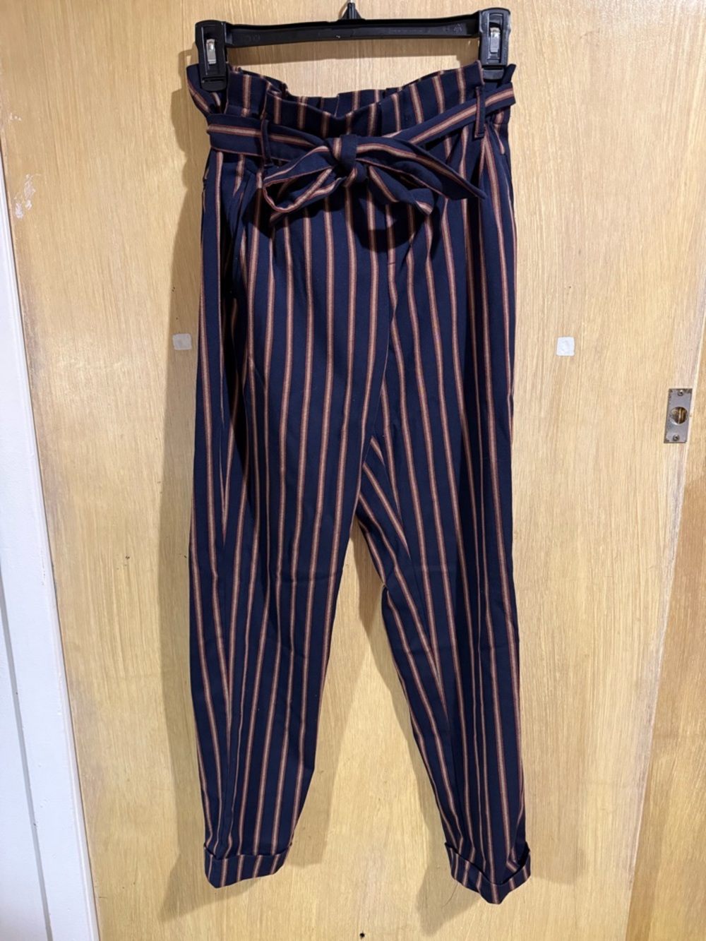 Zara Navy with Rust Stripe Paperbag Waist Trousers